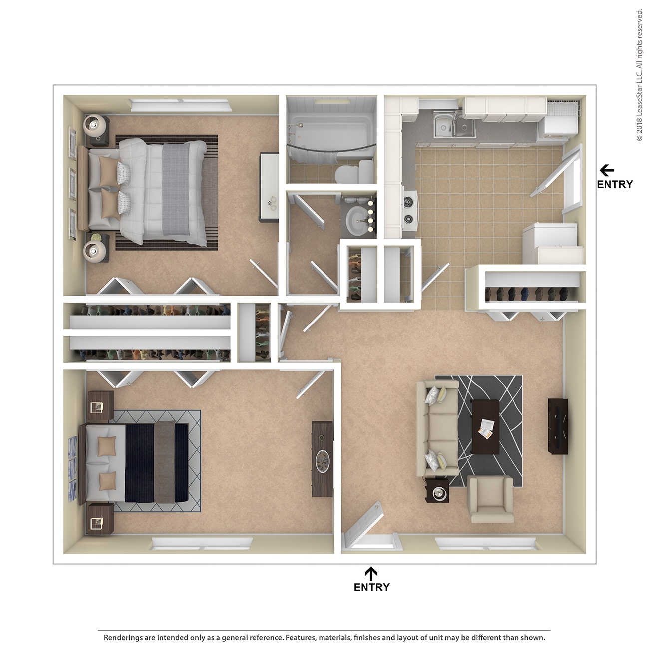A floor plan of a small apartment with two bedrooms and a living area.